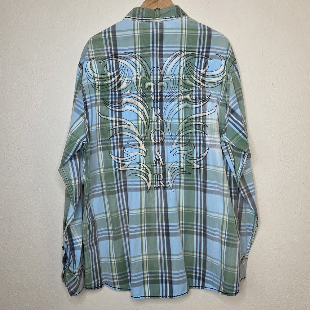 Roar Western Plaid Button Down Shirt Embroidered Back Y2K Rock Style XXL
